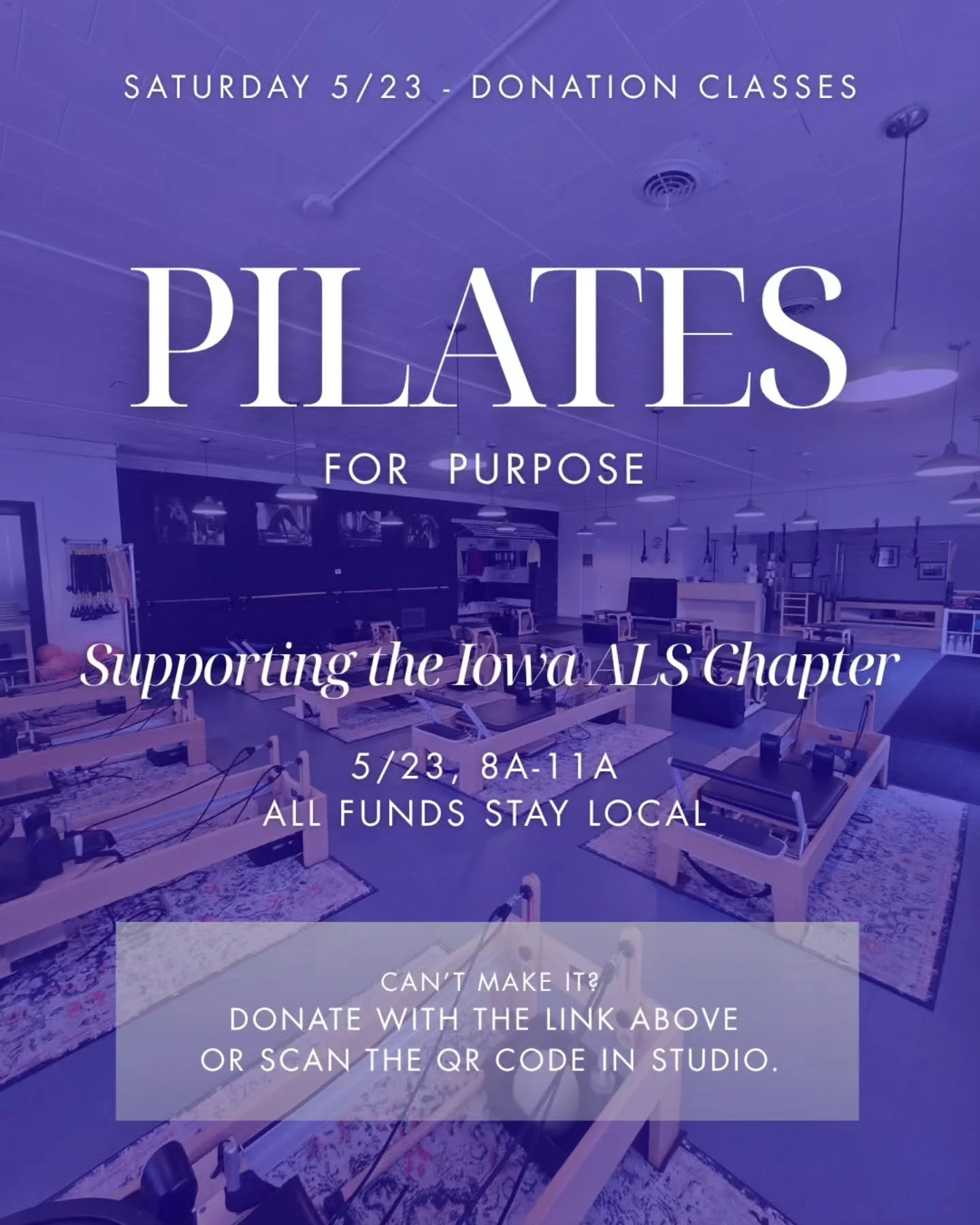 PILATES FOR PURPOSE 💙

This Saturday, we&rsquo;re coming together to move for something bigger than ourselves.

Join us for donation-based Pilates classes supporting the Iowa ALS Chapter, with all funds staying local to help Iowa families impacted b