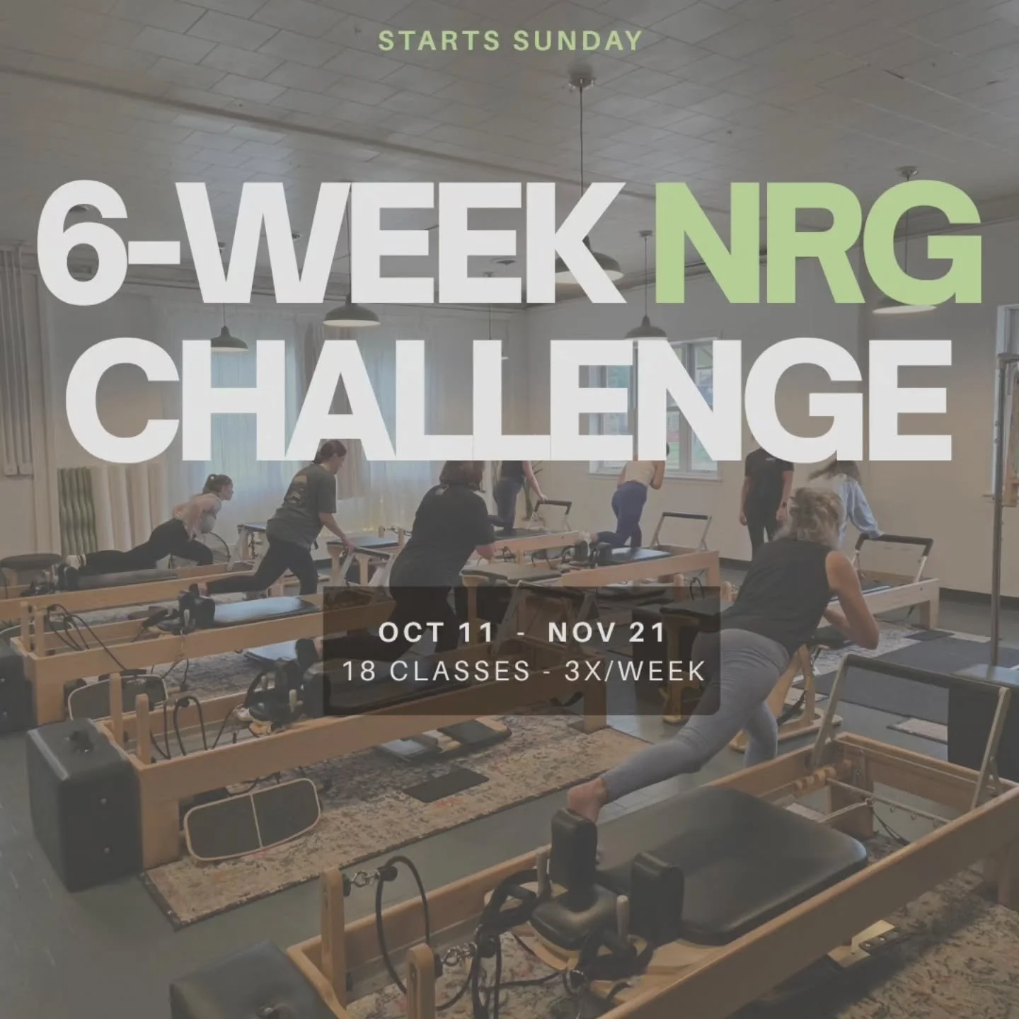6 weeks. 18 classes. One goal: show up for yourself. 

Our 6-Week NRG Challenge starts Sunday, October 11 and runs through November 21.

The challenge is simple:
Complete 18 classes in 6 weeks &mdash; about 3 classes a week &mdash; and build the cons