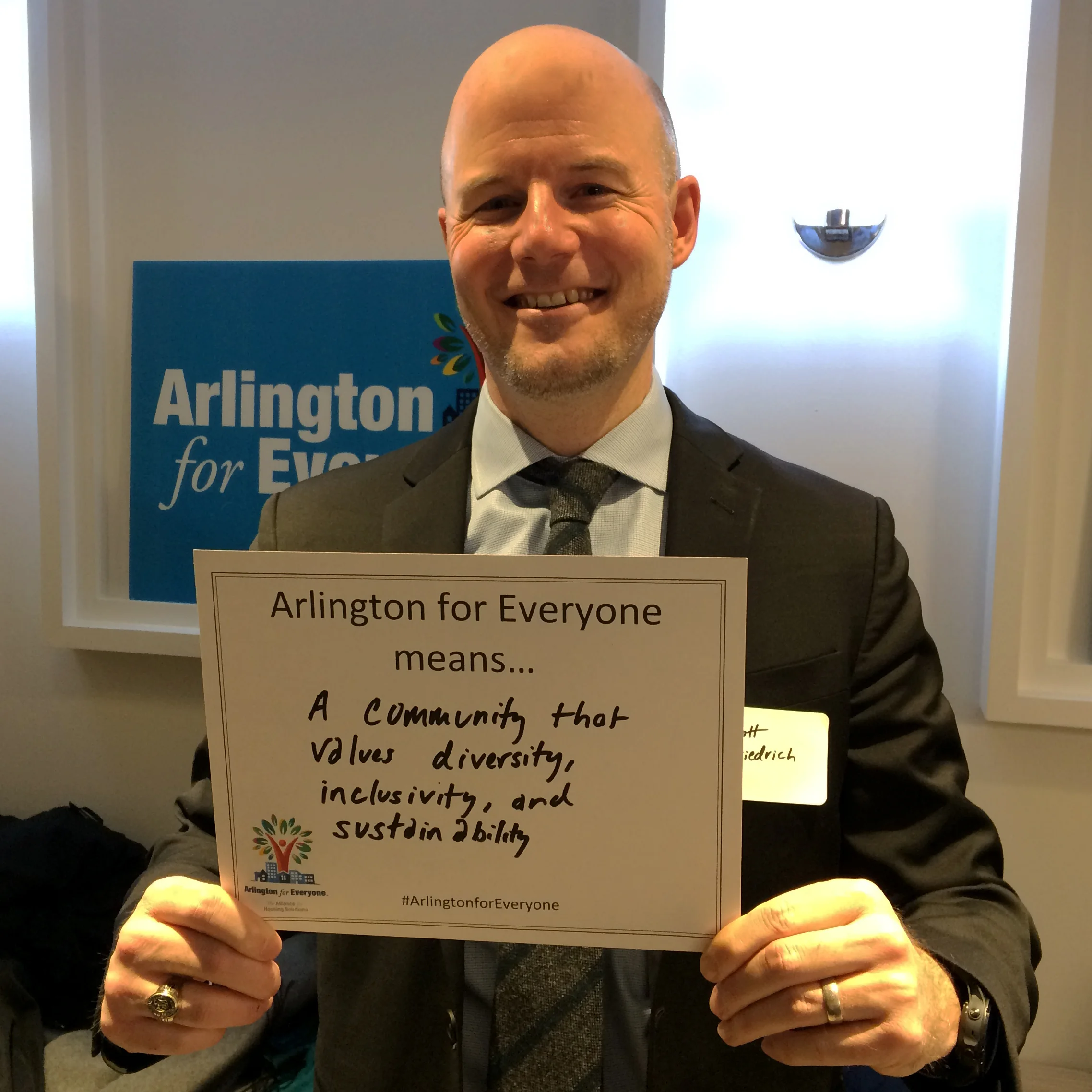 “Arlington for Everyone means a community that values diversity, inclusivity, and sustainability.” -Scott Friedrich, at the February 28 Housing Happy Hour hosted by the Alliance for Housing Solutions.