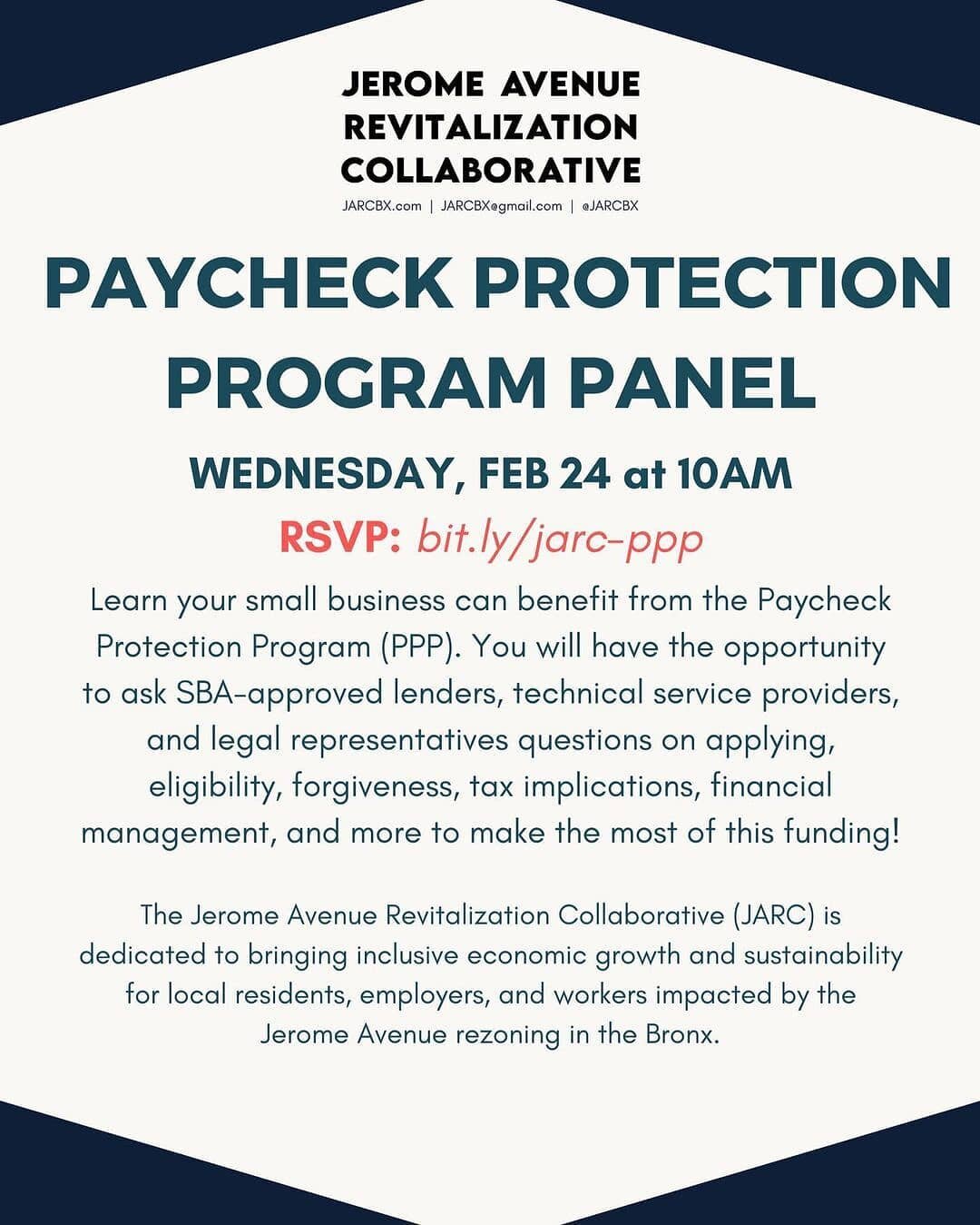 #Repost @jarcbx @download.ins
---
TOMORROW! 🚨 Learn about how your small business can benefit from the Paycheck Protection Program! Come with questions, since you&rsquo;ll have a chance to ask lenders, technical service providers, and legal represen
