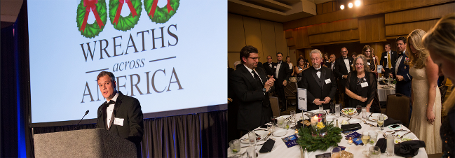 Jim Ray giving speech to honor Lee (left) and Donna (right) for their service at the Wreaths Across America Gala