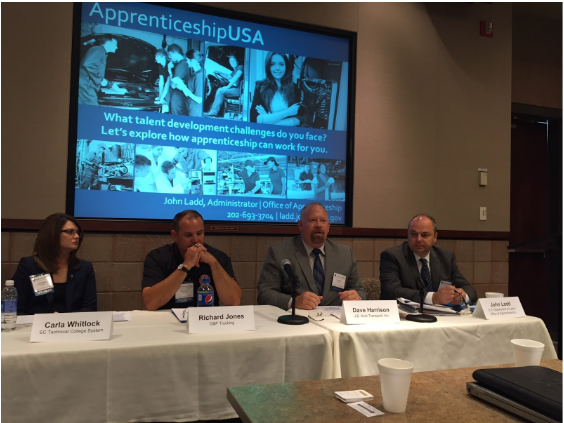 Left to Right: Carla Whitlock, SC Technical College System; Richard Jones, G&P Trucking; Dave Harrison, J.B. Hunt; John Ladd, U.S. Department of Labor Office of Apprenticeship. (Not pictured: panelist Brian Turner, Transportation Learning Center and panel facilitator Annette Summers)