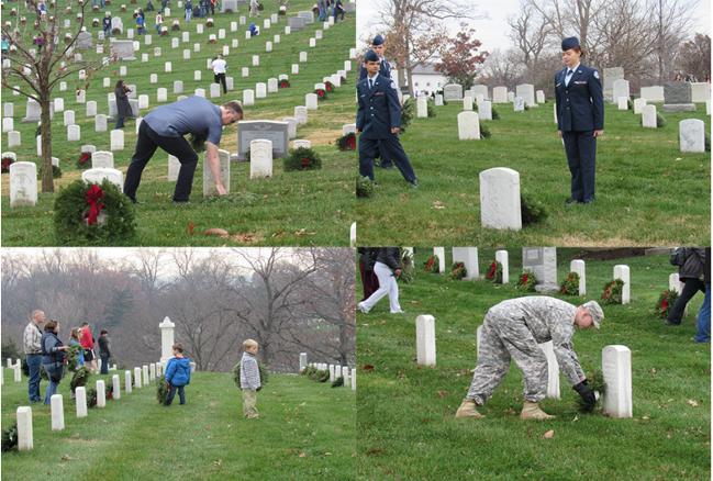 Top left: FASTPORT Co-Founder Jim Ray places wreaths; Top Right: Officer stands at attention after the ceremony; Bottom left: Two children with their families take part in the Wreaths tradition; Bottom right: A Solider places his wreath of a Veteran's grave.