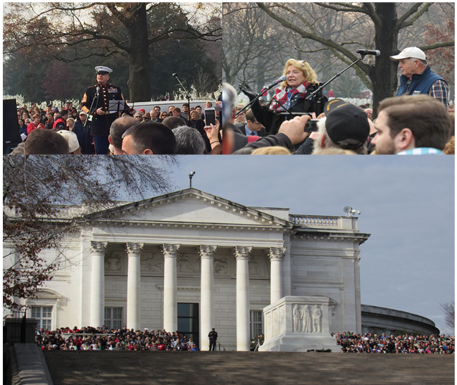 Top left: Sgt. Maj. Bryan Battaglia shares his remarks on honoring Veterans; Top right: Karen and Morris Worcester, Wreaths Across America Co-Founders; Bottom: Crowds gathered at the Tomb of the Unknown Soldier