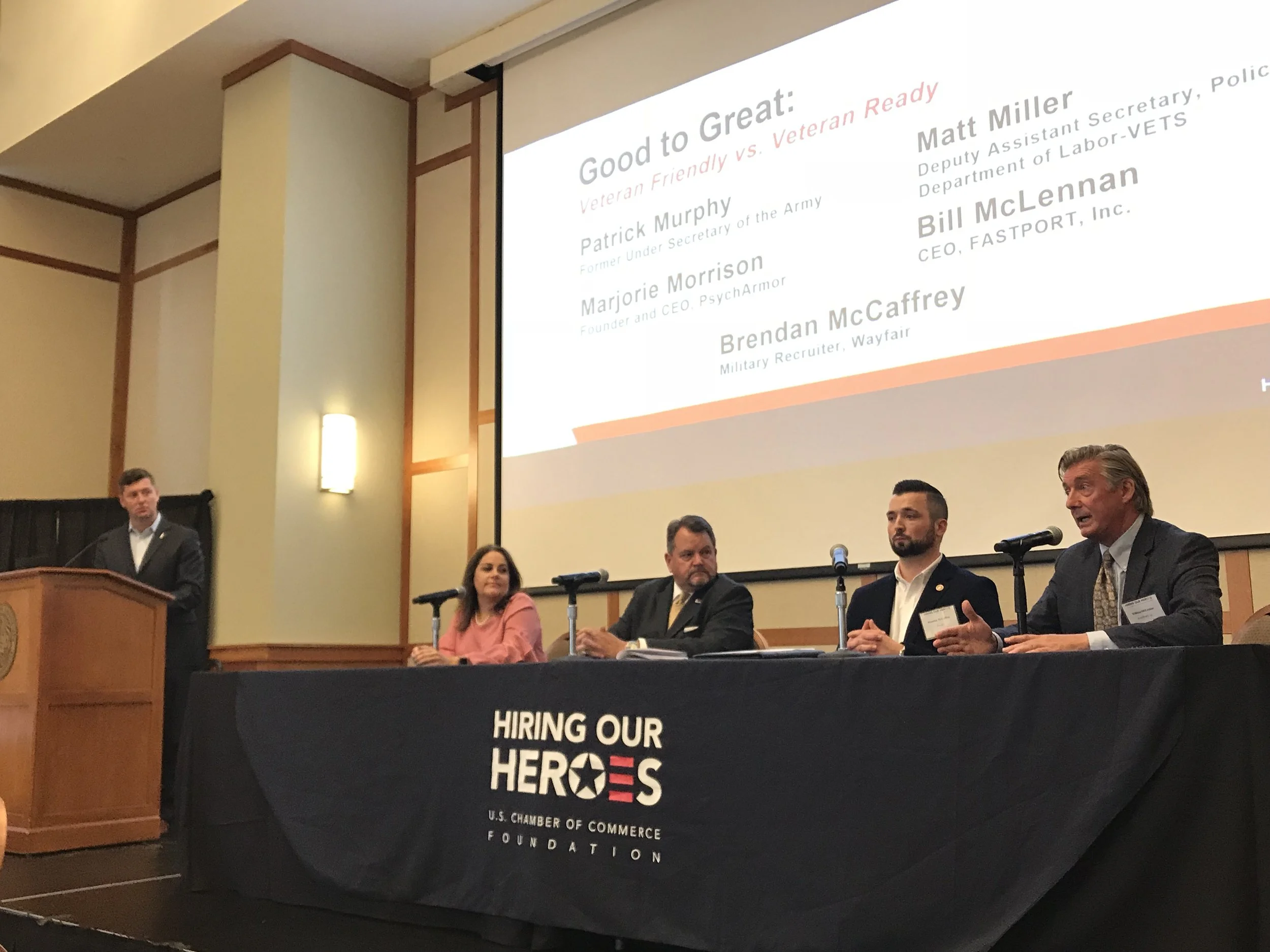 Left to right: Patrick Murphy, former Under Secretary of the Army; Marjorie Morrison, Founder and CEO of PsychArmor; Matt Miller, Deputy Assistant Secretary, Policy Department of Labor - VETS; Brendan McCaffrey, Military Recruiter of Wayfair; Bill McLennan, CEO of FASTPORT