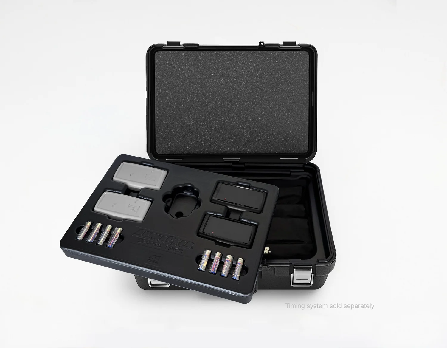 ArenaGear custom carrying case with gates, remotes and AA batteries in a fitted tray