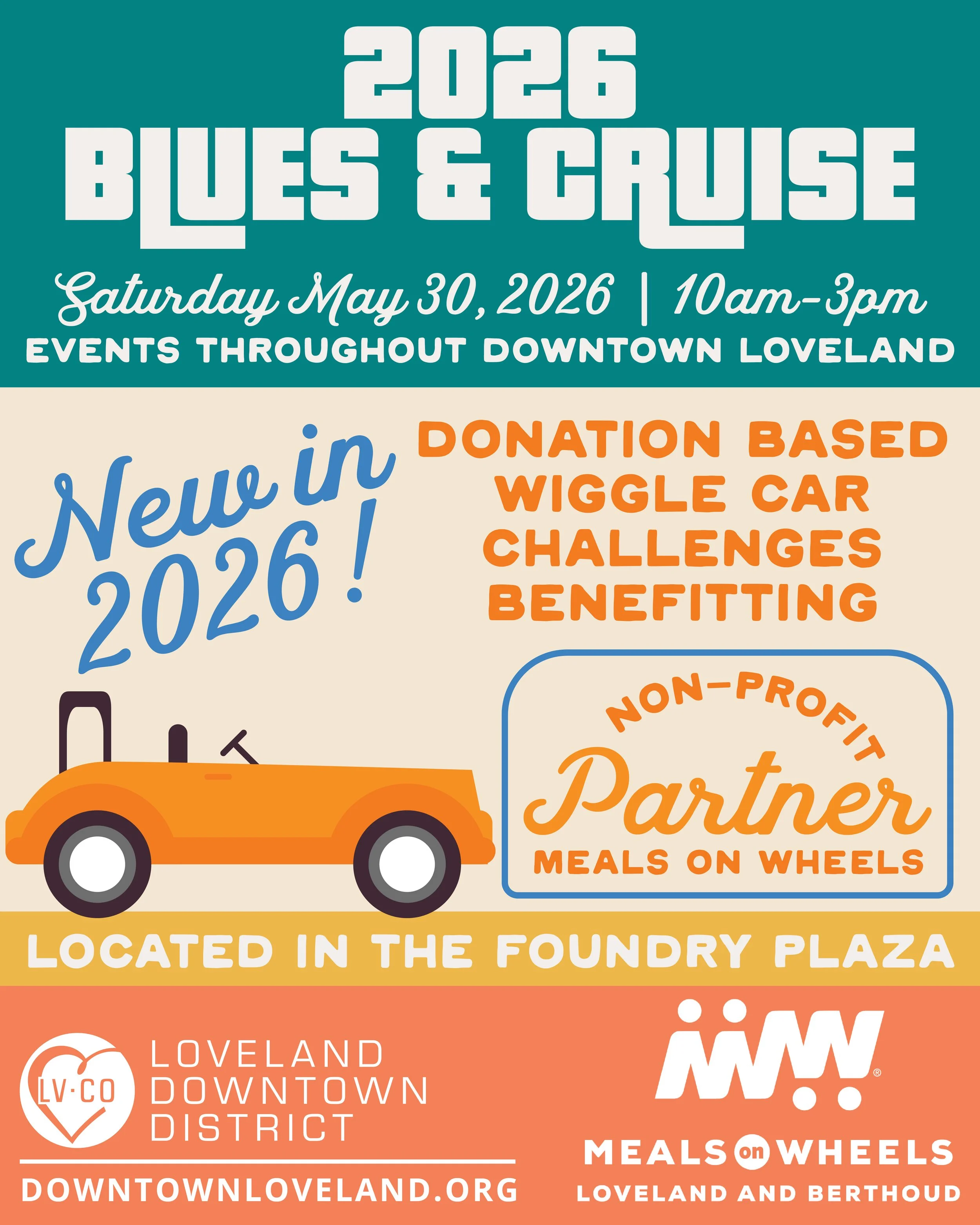 Graphic of the 2026 Blues & Cruise Car Show in downtown Loveland