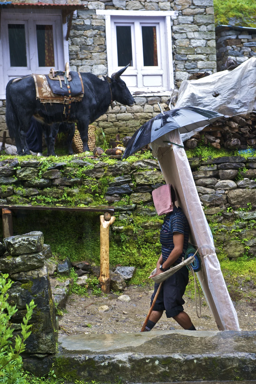 a porter rests under an umbrella on the way to Mount Everest base camp. Image by New Orleans based travel photographer, Marc Pagani - marcpagani.com