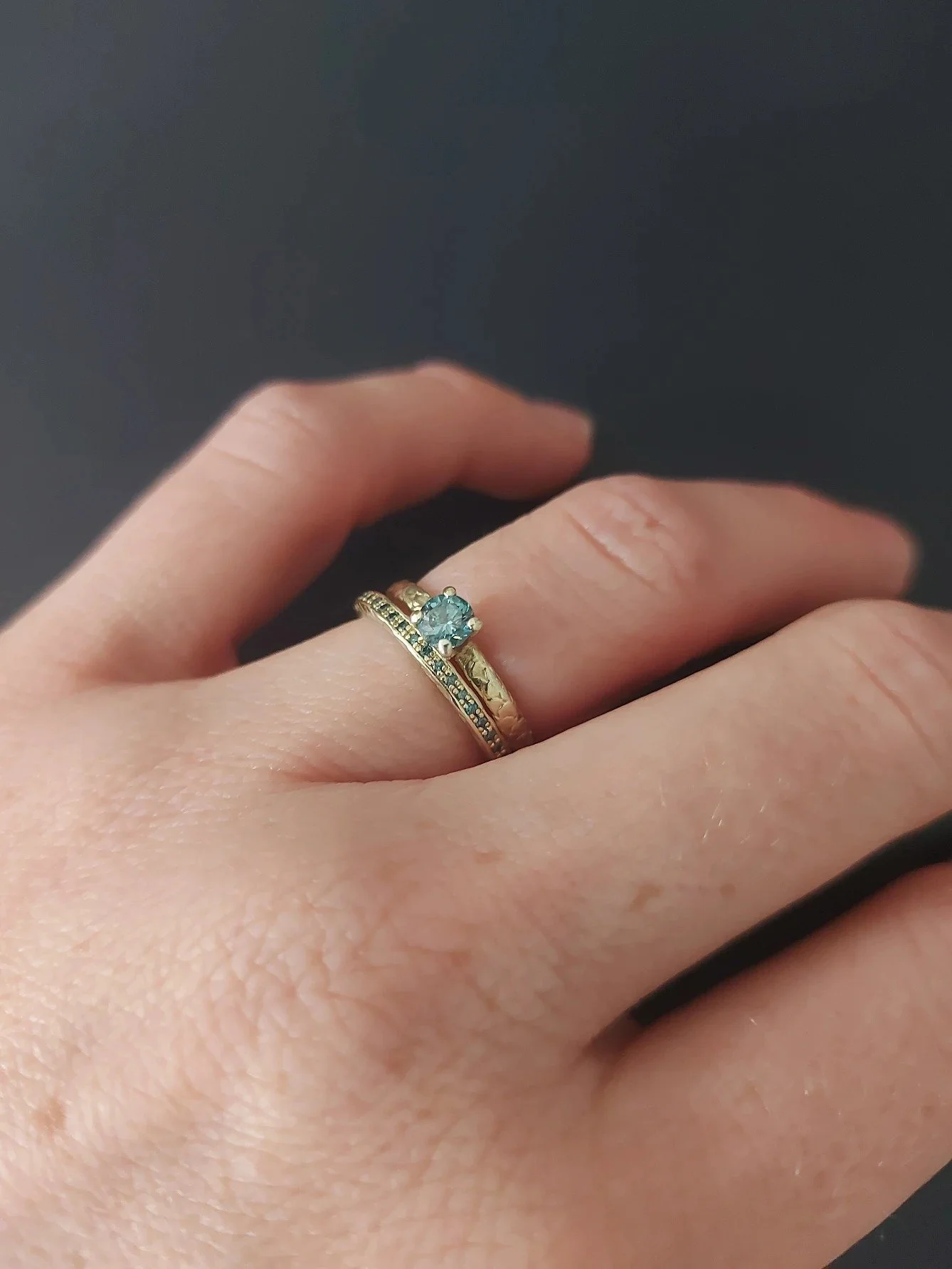 Customer wearing a custom designed Wedding and Engagement Ring