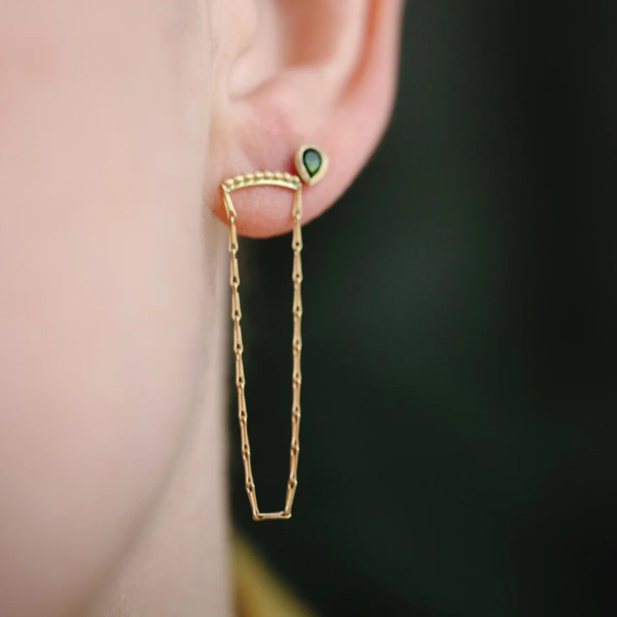 15 tiny green tourmaline drop studs on model.jpg