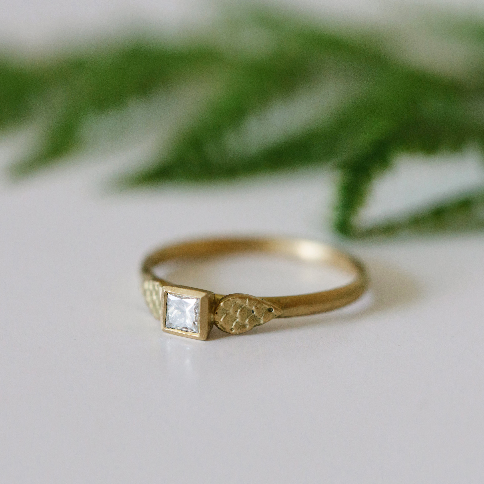 Square Diamond Solitaire Ring with Catkin Drop Shoulders