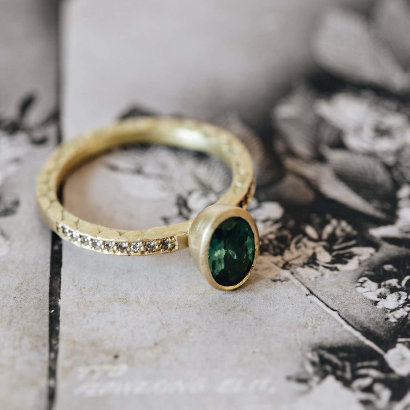 Catkin Teal Tourmaline Ring with Diamond Pave Shoulders