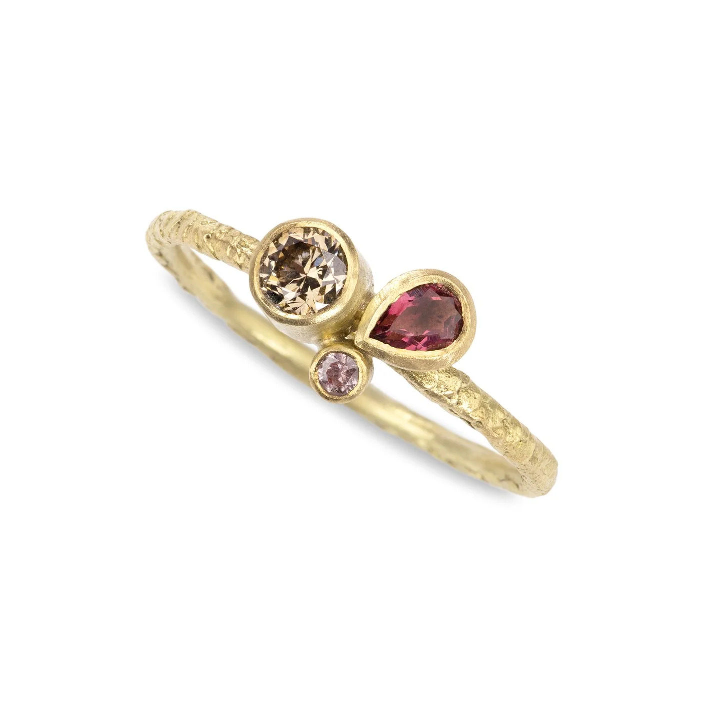 Catkin Champagne Diamond & Dusky Pink Ring in 18ct yellow gold size M