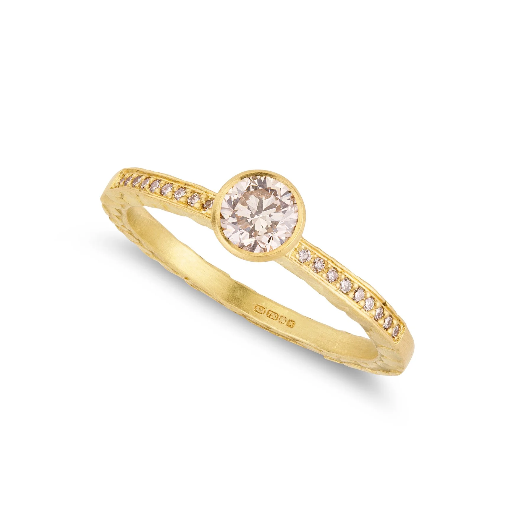 Catkin Champagne Diamond Solitaire with Pave Shoulders in 18ct gold size N