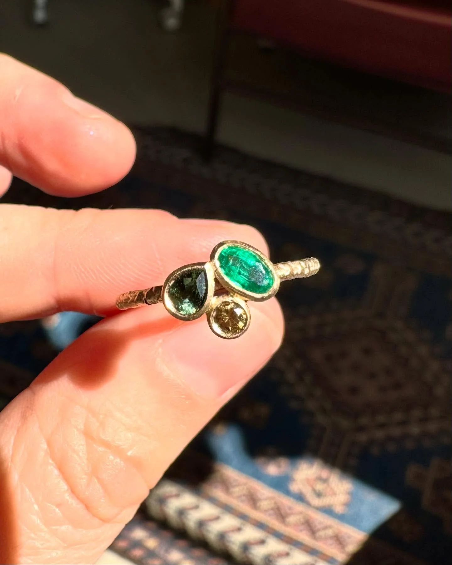 Each Swirling Stones ring holds a trio of gemstones, chosen for their own individual beauty. Together they bring shape, colour and sparkle, a composition that feels as though it&rsquo;s in gentle motion.

Handmade with care in our Scottish atelier.

