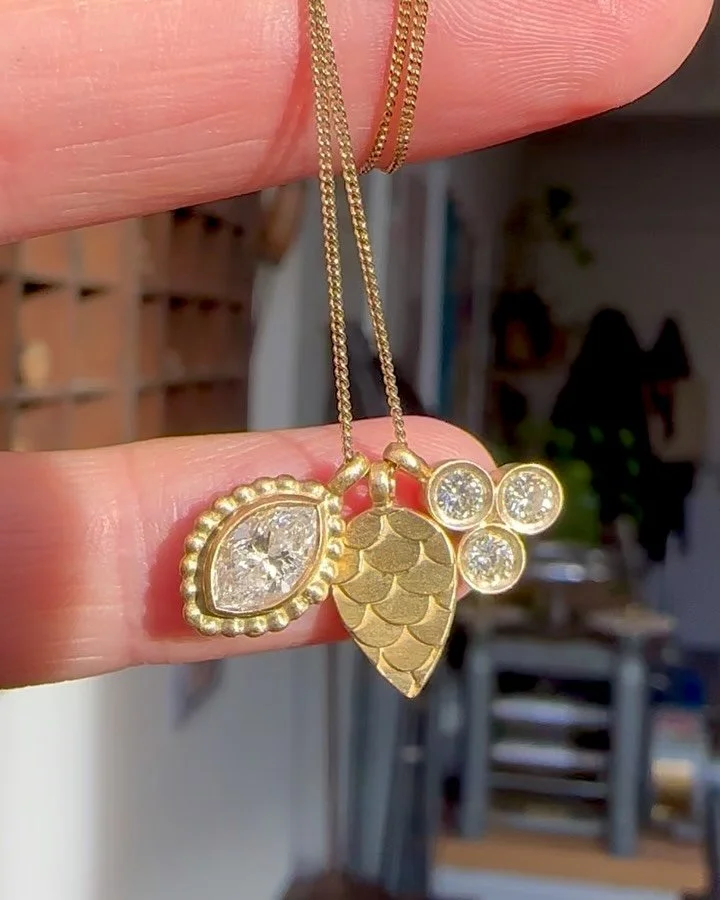 Sometimes there are pieces that carry more than their weight in gold.
.
I created this necklace from a collection of rings, once worn every day by someone deeply loved and now greatly missed. Each one carefully deconstructed, their gold and diamonds 