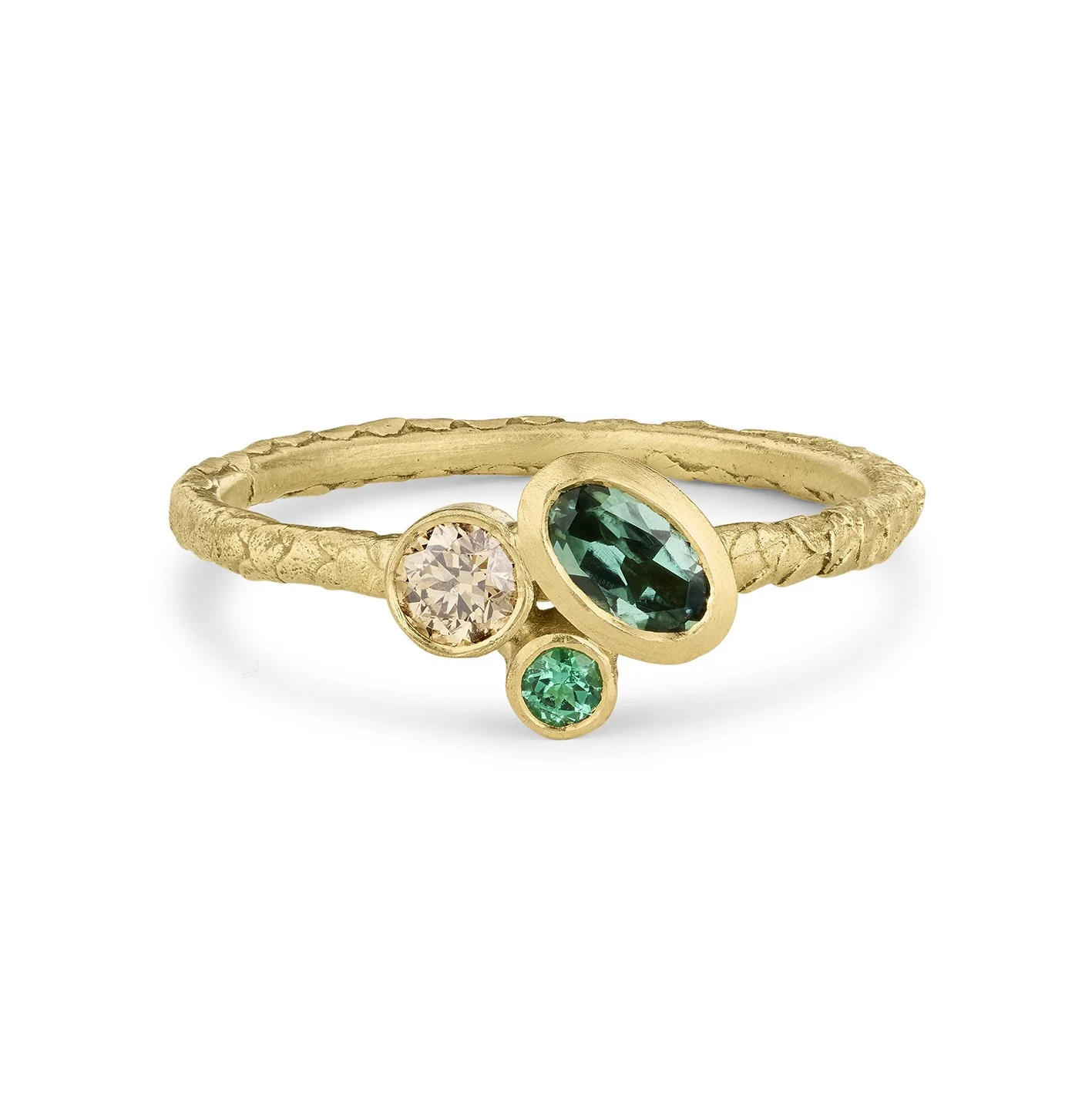 Swirling Stones Ring with Teal Tourmaline and Emerald | 18ct Gold