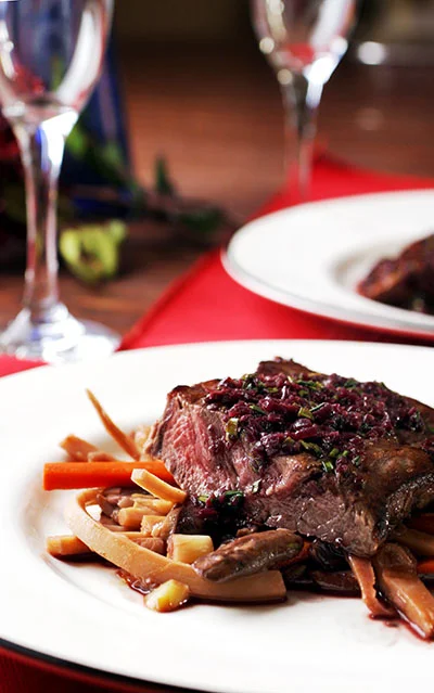 Flat Iron Bordelaise with Braised Roots