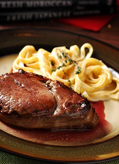 Steak with Red Wine Reduction and Fettuccine Alfredo