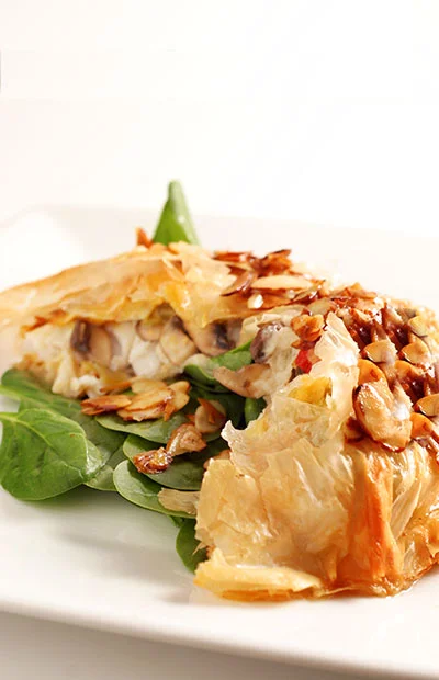 Phyllo Wrapped Chili Grouper with Almond Beurre Noisette