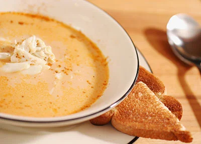 Blue Crab Bisque, with Shrimp Stir Fry