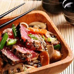 Nori Crusted Ahi with Soy-Lime-Honey-Wasabi glaze, over Pad Thai Stir Fry