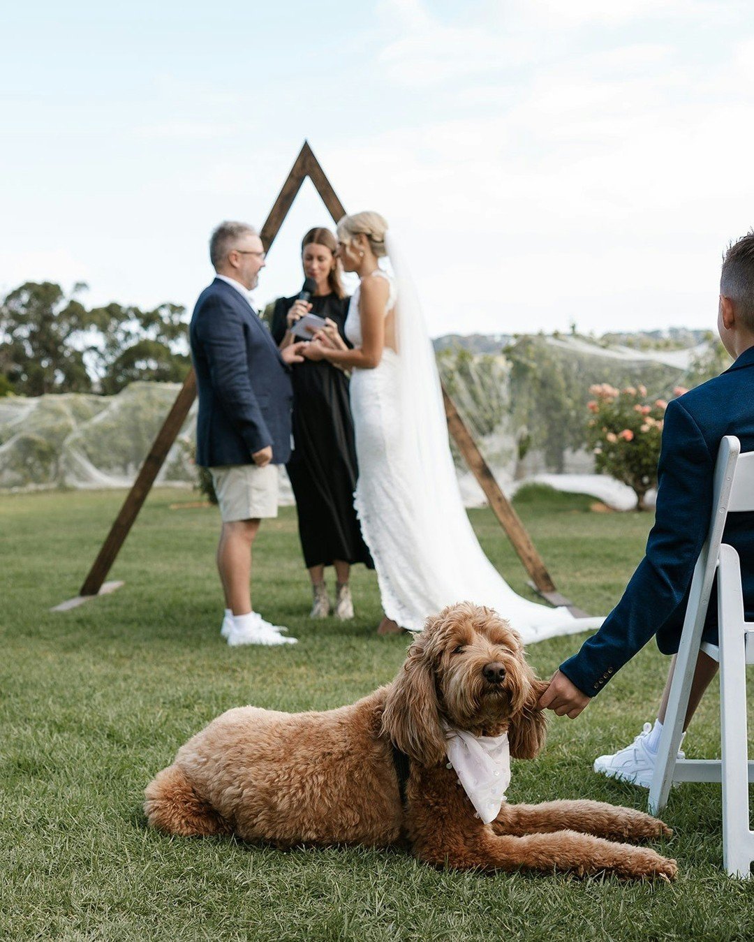 Mark + Emma could not say &quot;I do&quot; without their 'puppy bait' watching on. Bonnie was used to entice Emma to go on a walk with Mark when she first moved into the same area as him. Needless to say, it worked well!
.
.
.
.
.
.
.
.
.
.
Photo: @o