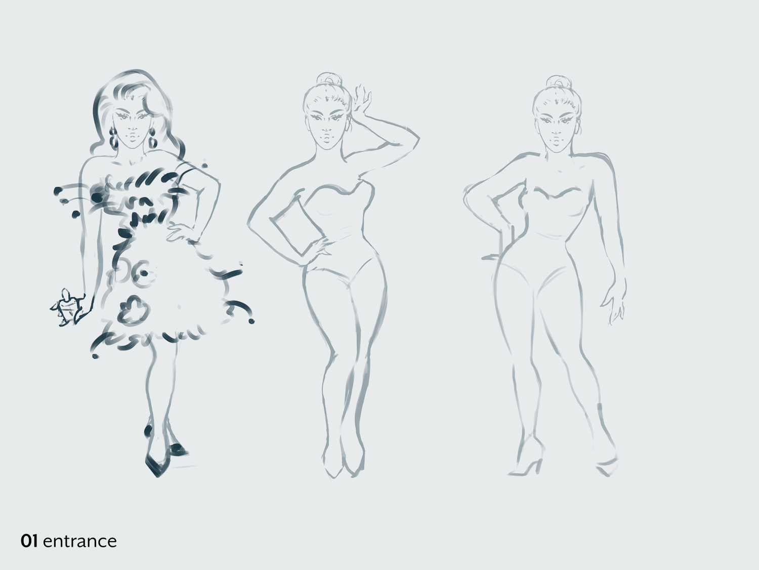  Early sketches of poses and each outfit. 