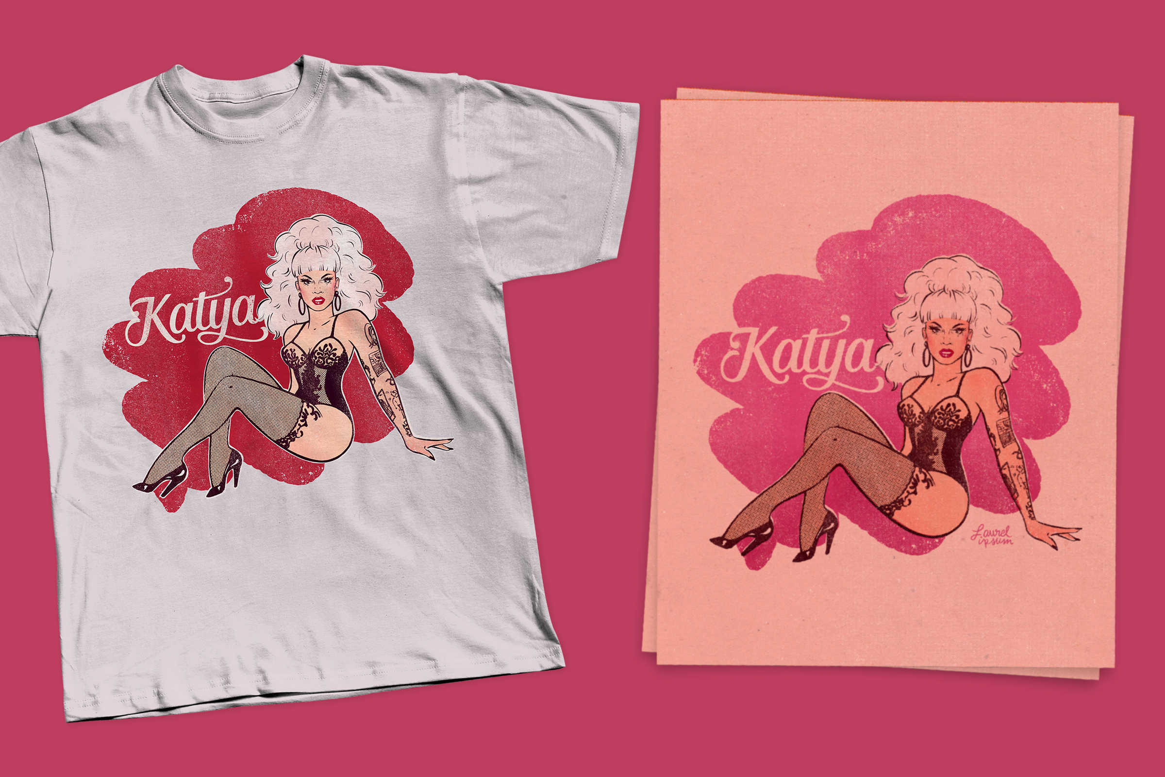 T-shirt and limited edition poster design for drag queen Katya's 2019 tour