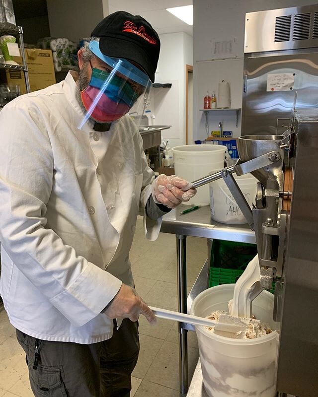 Dan is all geared up while preparing for our re-opening!

We are looking forward to seeing everyone this Friday. Here is what you can expect - 
We will be offering our homemade hard ice cream in pints, quarts, and scoops to go. There will be a limite