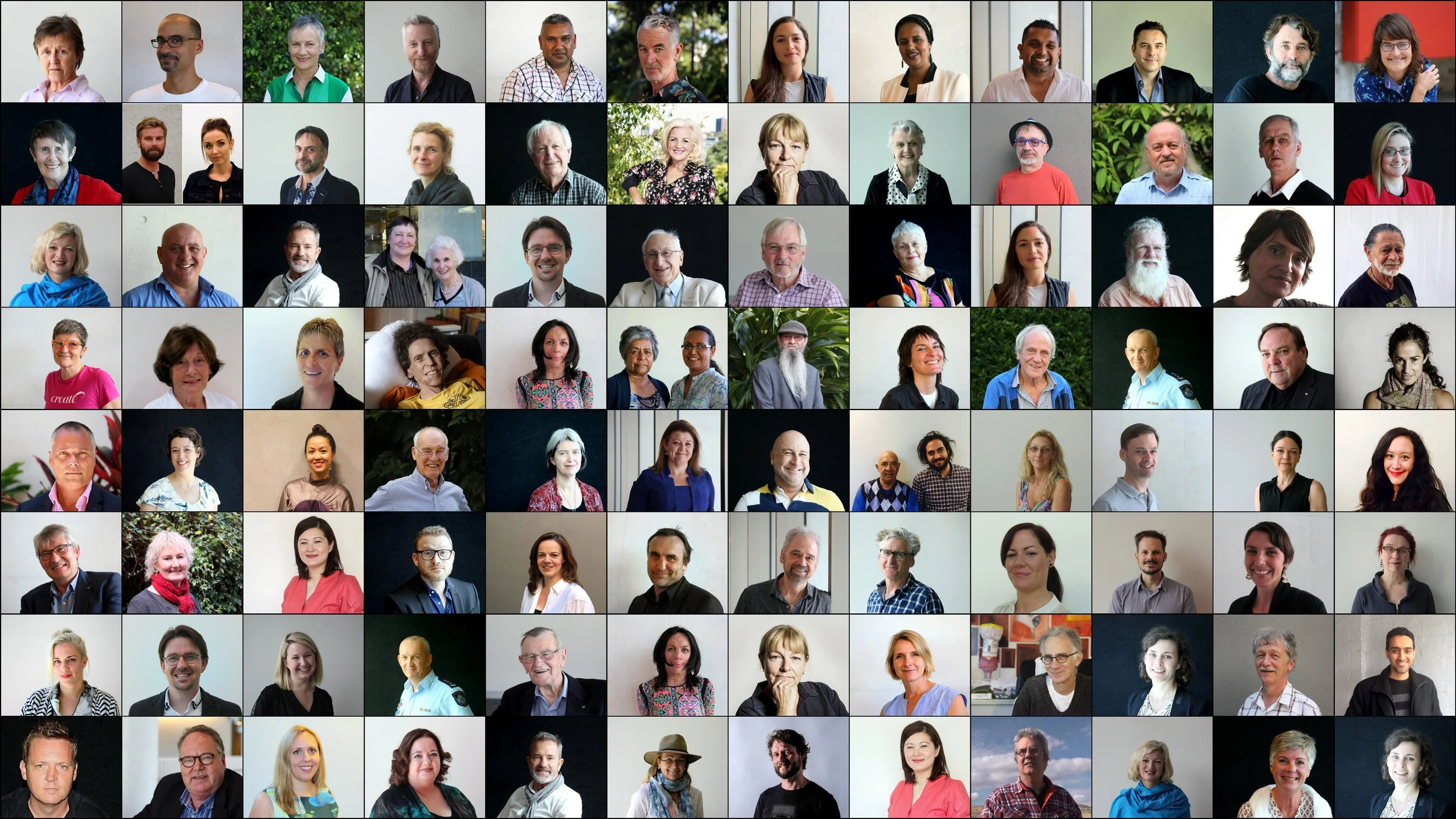 Head and shoulders portraits of 96 adults, guests of ABC program Conversations.  Includes Helen Garner, Turia Pitt, Pip Courtney, Elizabeth Gilbert, David Astle, Jen Cloher Bill Bailey, Stan Grant, Dinesh Palipana, Ben Quilty and Billy Bragg