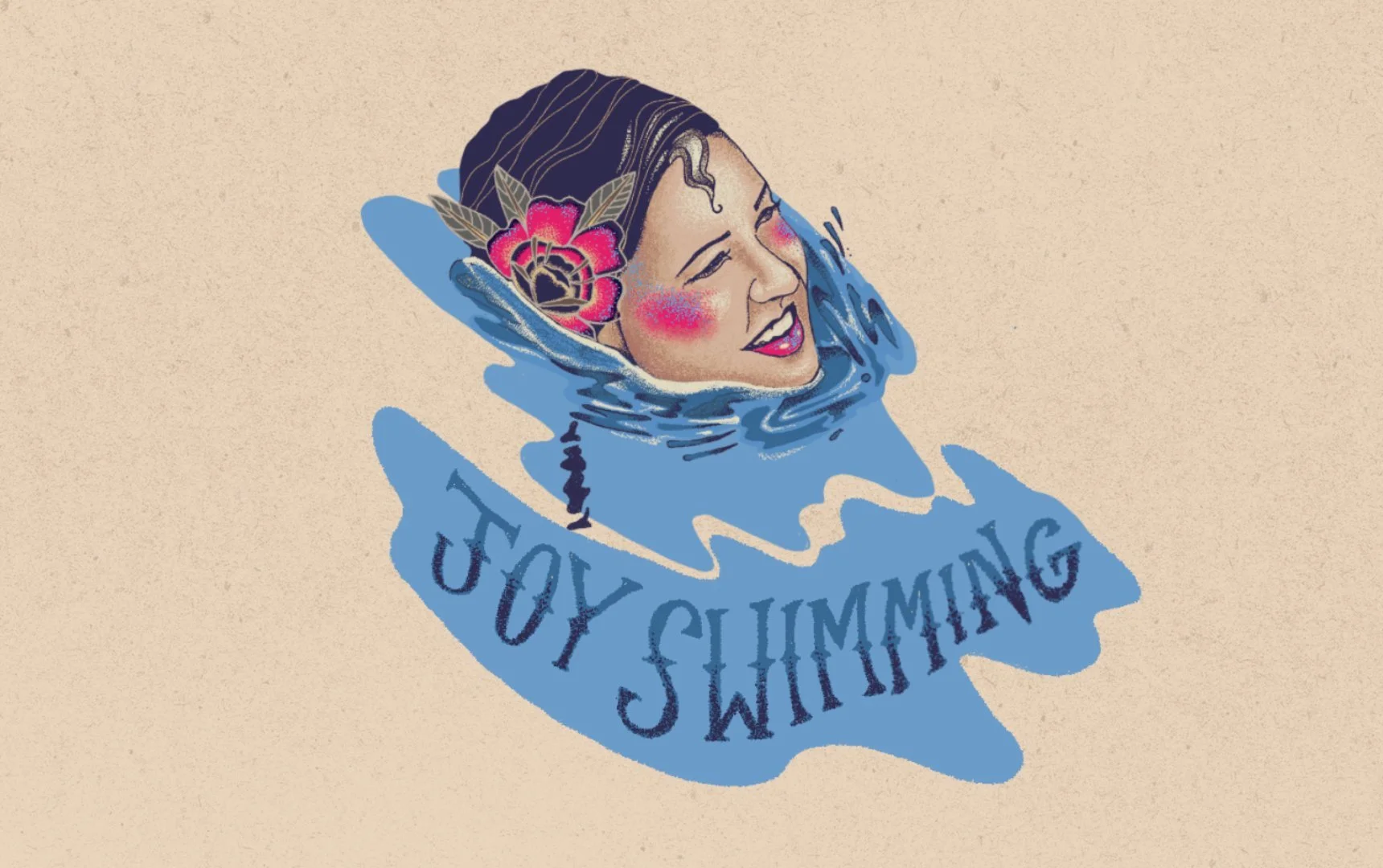 watercolour and ink style illustration of a woman's head above water, pink cheeks, dark hair and a pink camelia behind her ear.