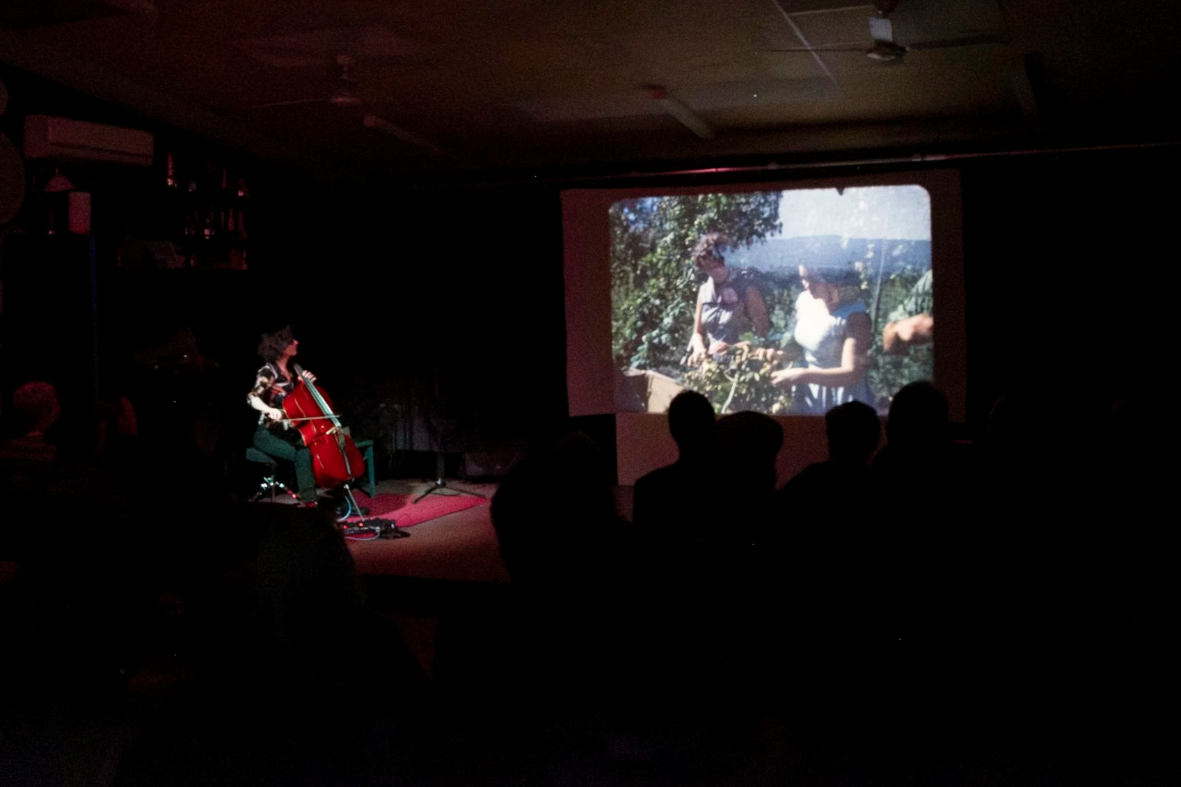 Spotlit cellist onstage in a darkened room faces a large projection screen on which is an image from the 1950s of women harvesting crops. Silhouettes of people in the audience can be seen.