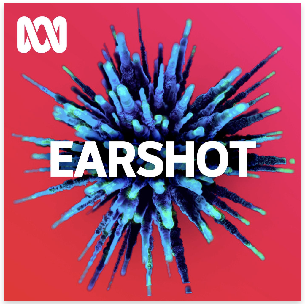 earshot text and abc lissajous. An exploding blue shape on a red background