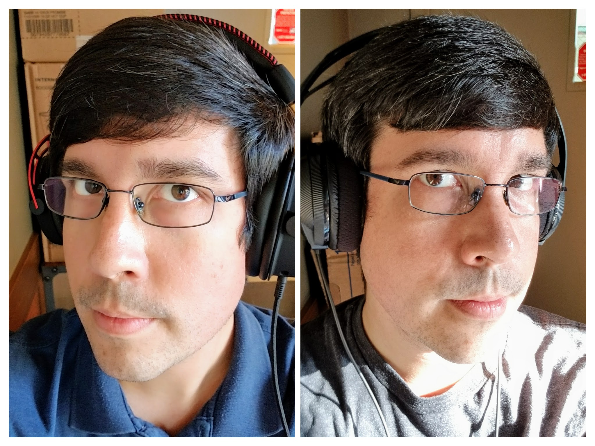 The Google Photos collage feature sort of cut the sides off of both of these photos oh well. Both headsets look decent on the head, even though the RIG 400 is a bit angular in the hands.