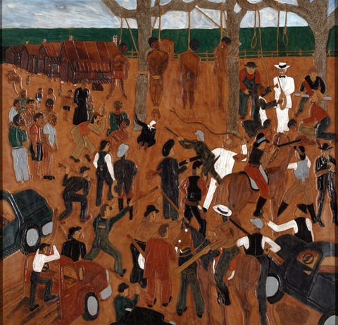 The Lynching, 1999. Triptych: Dye on tooled and carved leather © Winfred Rembert, courtesy of Adelson Galleries.