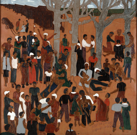 After the Lynching, 1999. Triptych: Dye on tooled and carved leather © Winfred Rembert, courtesy of Adelson Galleries.