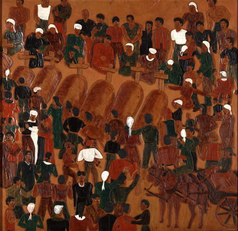 The Burial, 1999. Triptych: Dye on tooled and carved leather © Winfred Rembert, courtesy of Adelson Galleries.