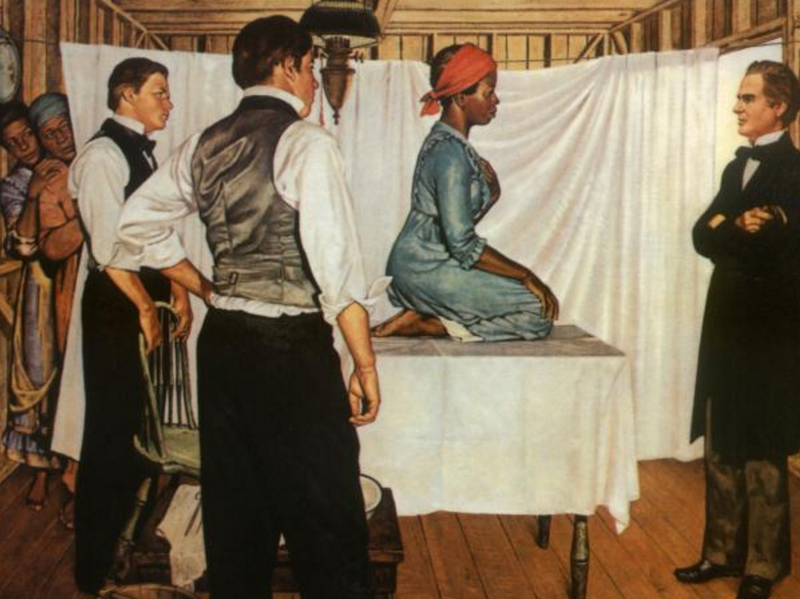  J. Marion Sims standing before a young slave girl, Lucy, preparing to examine her...from a series done by Robert Thom for The History of Medicine in Pictures (Parke Davis, 1961). Print courtesy of the Pearson Museum, with permission from Southern Il