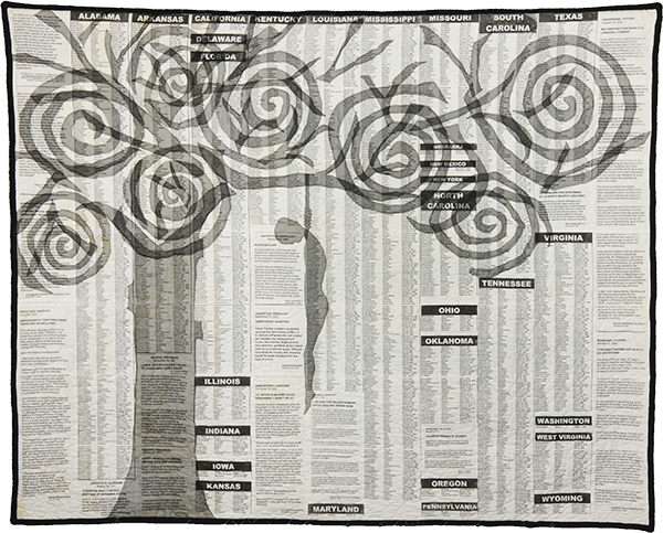 Blood of the Slaughtered I, 2001. Pieced, quilted, stitched, and appliquéd fabrics, with cording. 70"x 85.5" © Gwendolyn A. Magee. Courtesy the Estate of Gwendolyn A. Magee.