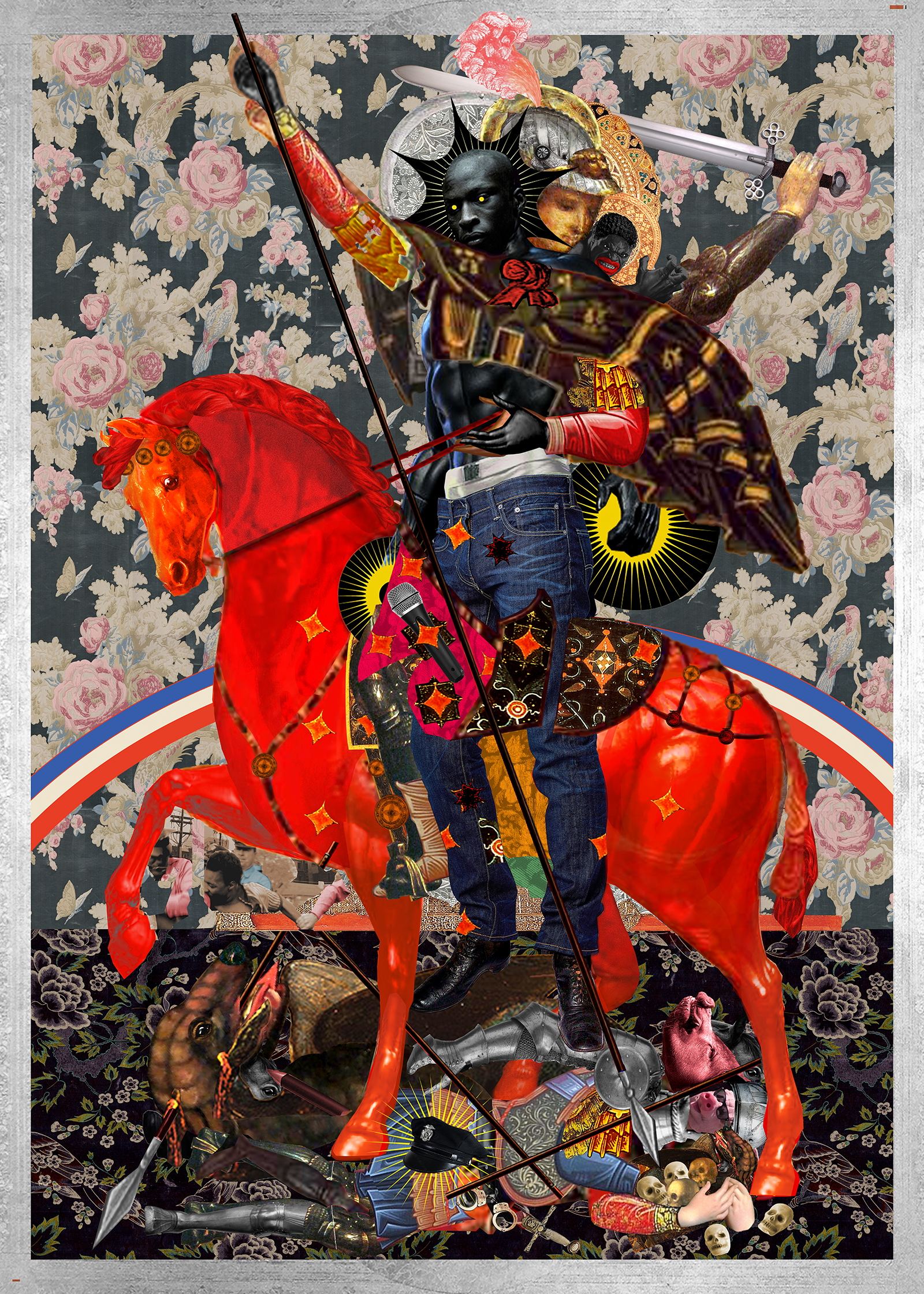 And Of That Day? St. Demetrius Shall Come Saying, "Black Lives Matter." Mixed media acrylic collage painting with silver metal leaf on wood panel. 60" x 84" © Mark Dukes
