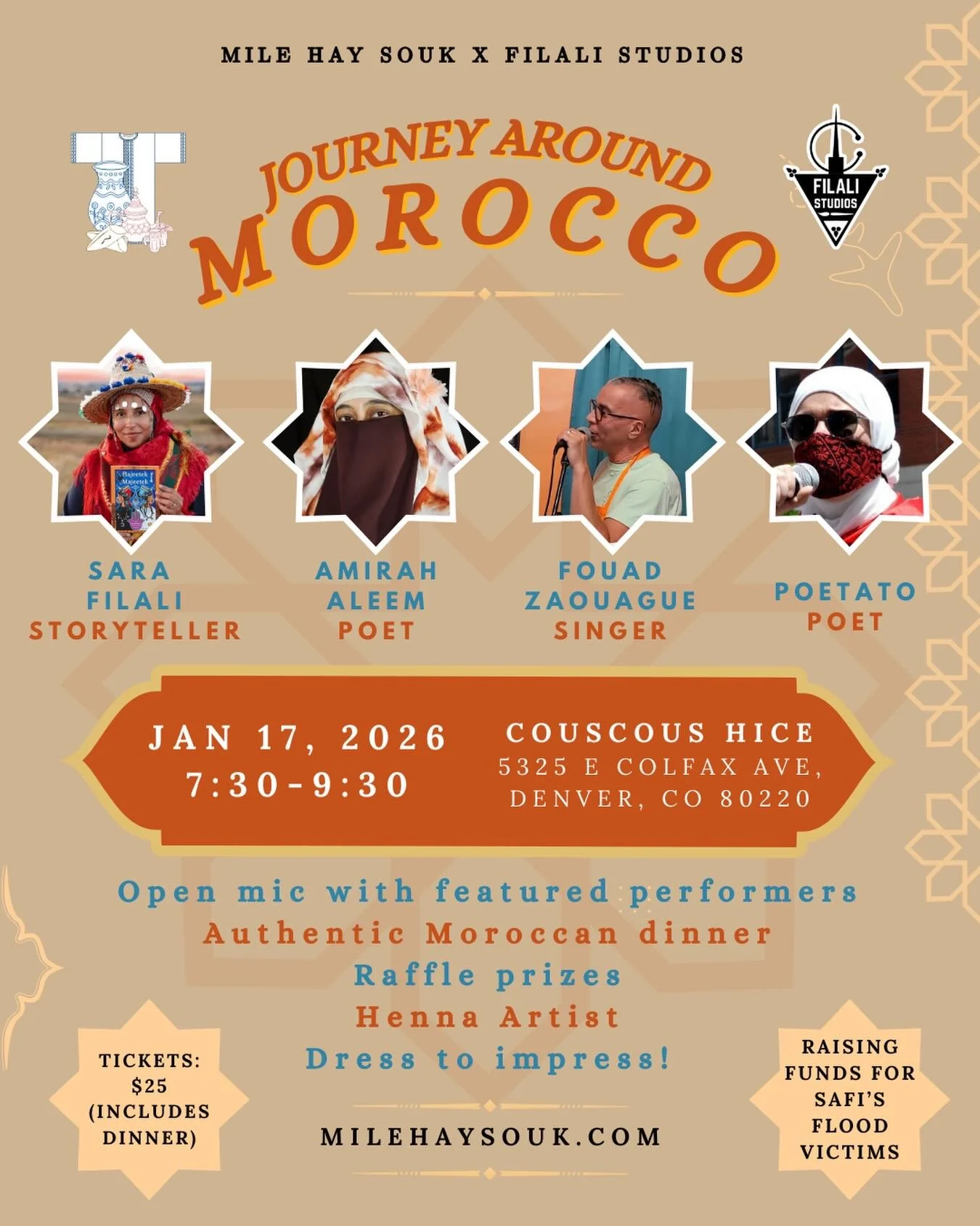 We&rsquo;re so excited to announce a special night in collaboration with @milehaysouk &hearts;️💚
✨🇲🇦 Journey Around Morocco 🇲🇦 ✨

An intimate evening of tea, music, storytelling, poetry, and shared food at @couscou_hice, Denver&rsquo;s newest Mo