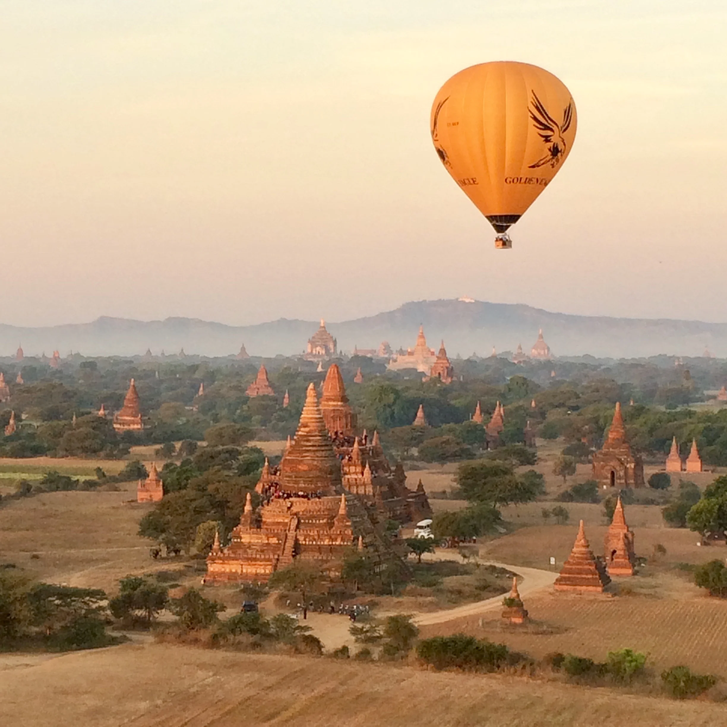 Hot air balloon flying over Bagan. The six month adventure route.