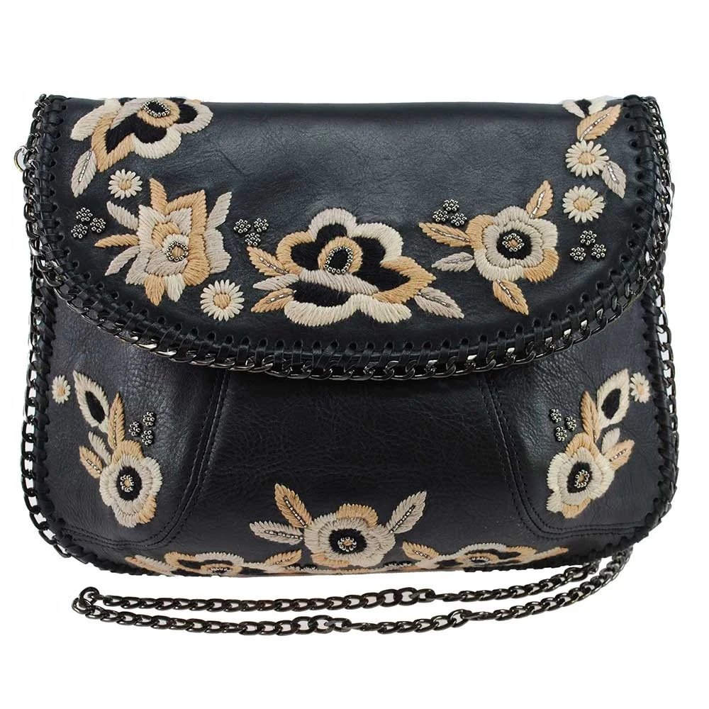 Night Bloom Embroidered Leather Crossbody Handbag