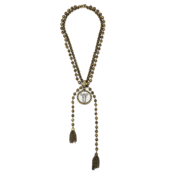 Golden Druzy with Silver Wire and Double Cable Chain, Civilization Medallion and Tassels
