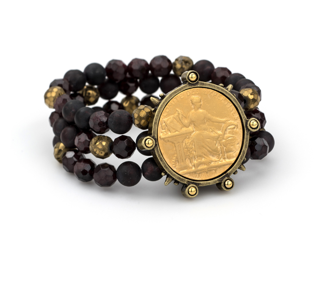 Triple Stranded Golden Garnet Mix with 14K Gold Comite Medallion