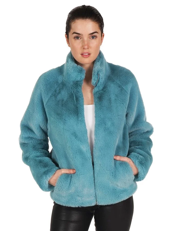 Faux Fur Zippered Jacket In Sky Blue