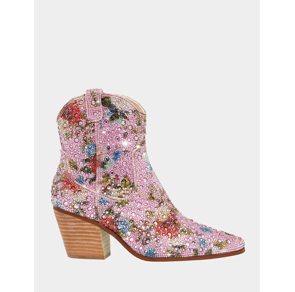 Diva Pink Floral Rhinestone Ankle Boot