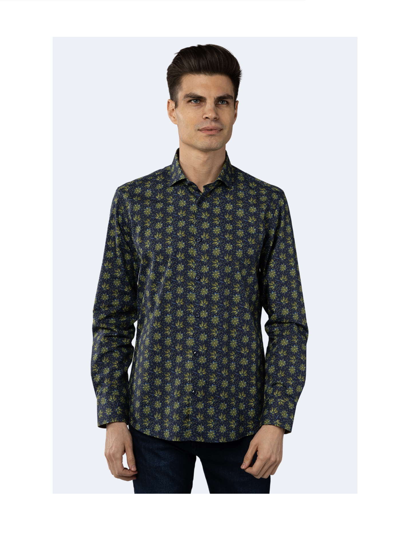Leo Navy with Green and Blue Floral Print Shirt