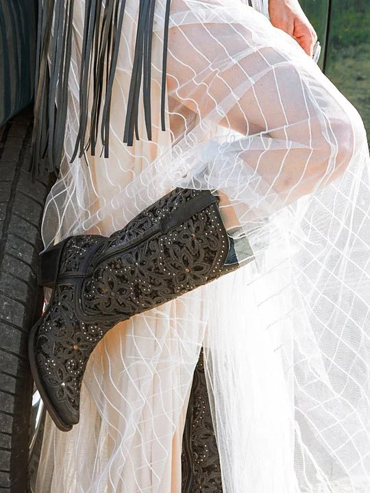 BLACK GLITTER INLAY FLORAL OVERLAY WITH CRYSTALS AND STUDS SNIP